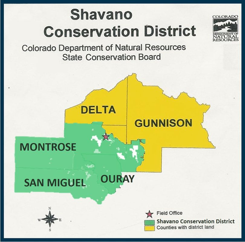 Shavano Conservation District boundaries, including Montrose, Ouray, San Miguel Counties, and small portions of Gunnison and Delta Counties